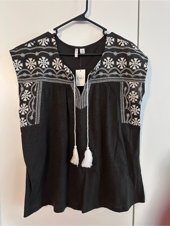 Cato Tops - Cato Black Sleeveless Tunic with White Embroidered Yoke and Tassels